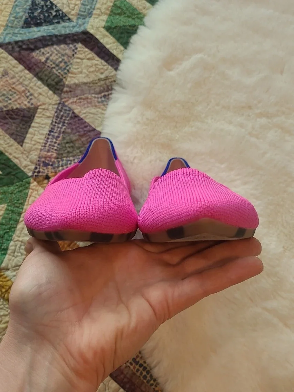 Rothy's The Point Pointed Flat in Bright Pink with Navy Trim Size 7